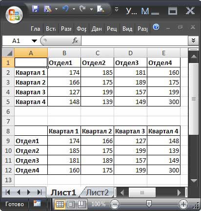 Транспортировка таблицы в Excel