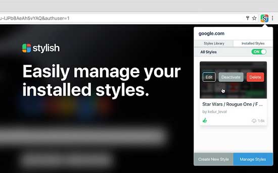 Приложение Stylish установлено в Яндекс.Браузер
